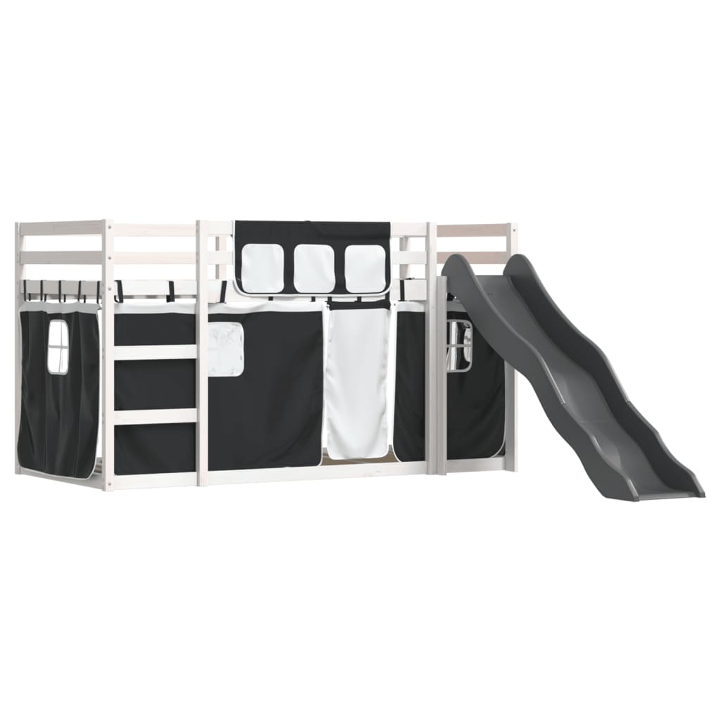 vidaXL Pat supraetajat cu tobogan și perdele, alb și negru, 90x200 cm vidaXL Pat supraetajat cu tobogan și perdele, alb și negru, 90x200 cm