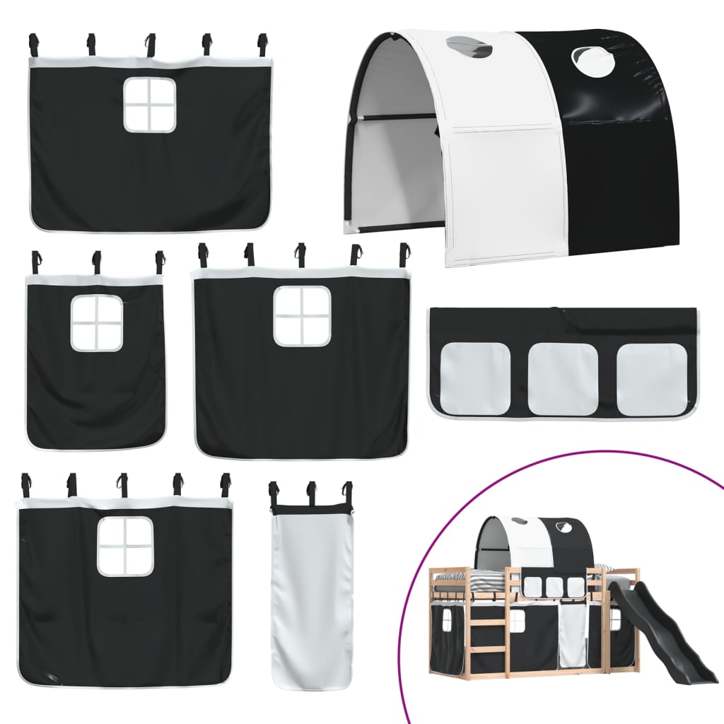 vidaXL Pat supraetajat cu tobogan și perdele, alb și negru, 80x200 cm