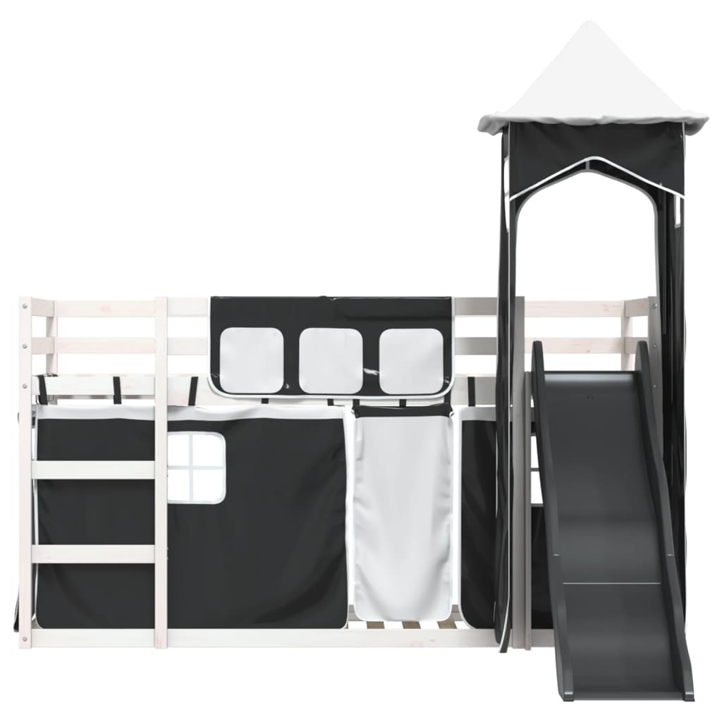 vidaXL Pat supraetajat cu tobogan și perdele, alb și negru, 90x200 cm vidaXL Pat supraetajat cu tobogan și perdele, alb și negru, 90x200 cm