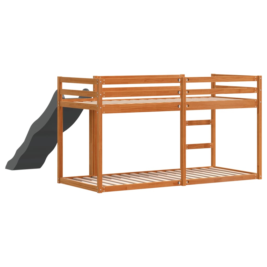 vidaXL Pat supraetajat cu tobogan/scară maro 75x190 cm, lemn masiv pin vidaXL Pat supraetajat cu tobogan/scară maro 75x190 cm, lemn masiv pin