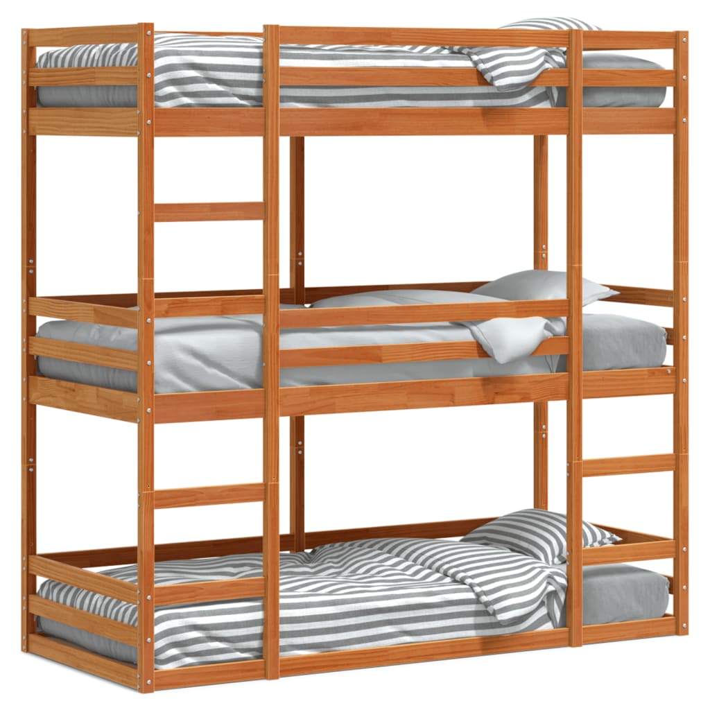 vidaXL Pat supraetajat triplu, maro ceruit, 75x190 cm, lemn masiv pin