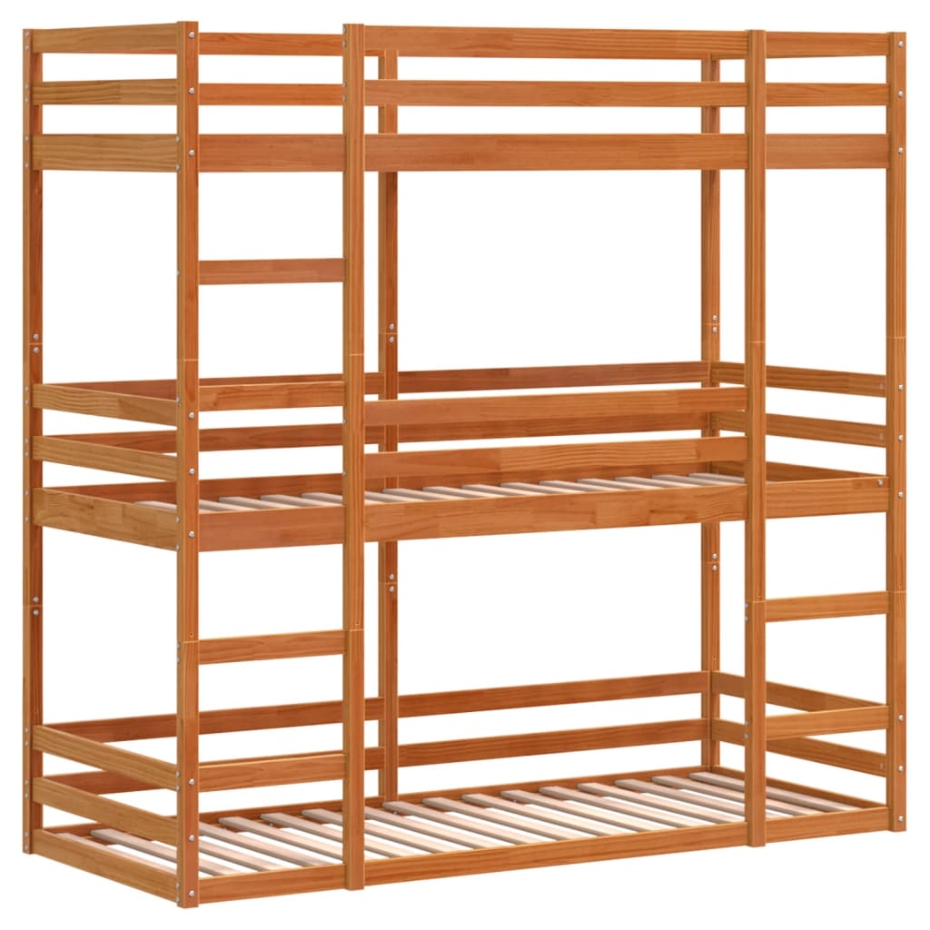 vidaXL Pat supraetajat triplu, maro ceruit, 75x190 cm, lemn masiv pin