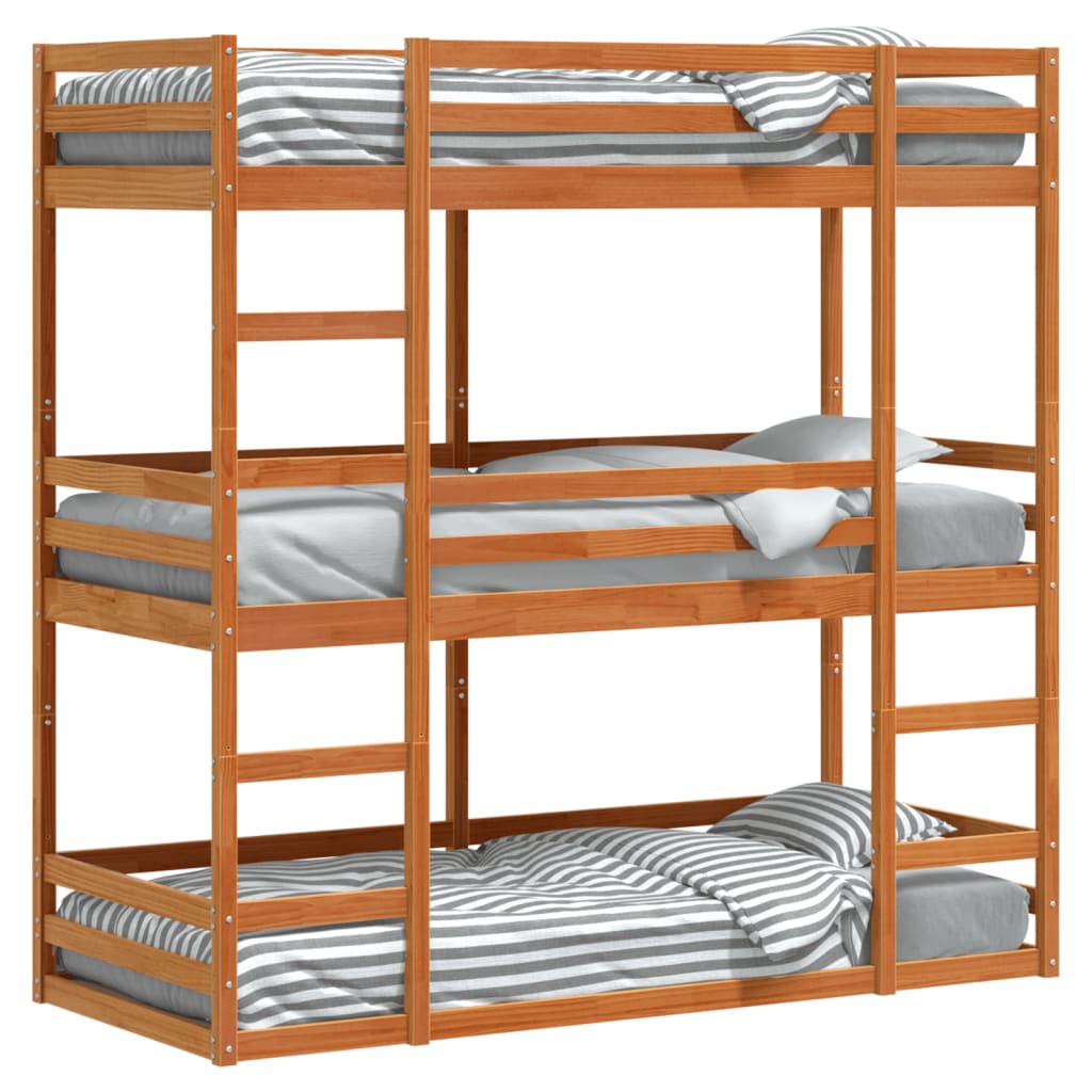 vidaXL Pat supraetajat triplu, maro ceruit, 75x190 cm, lemn masiv pin