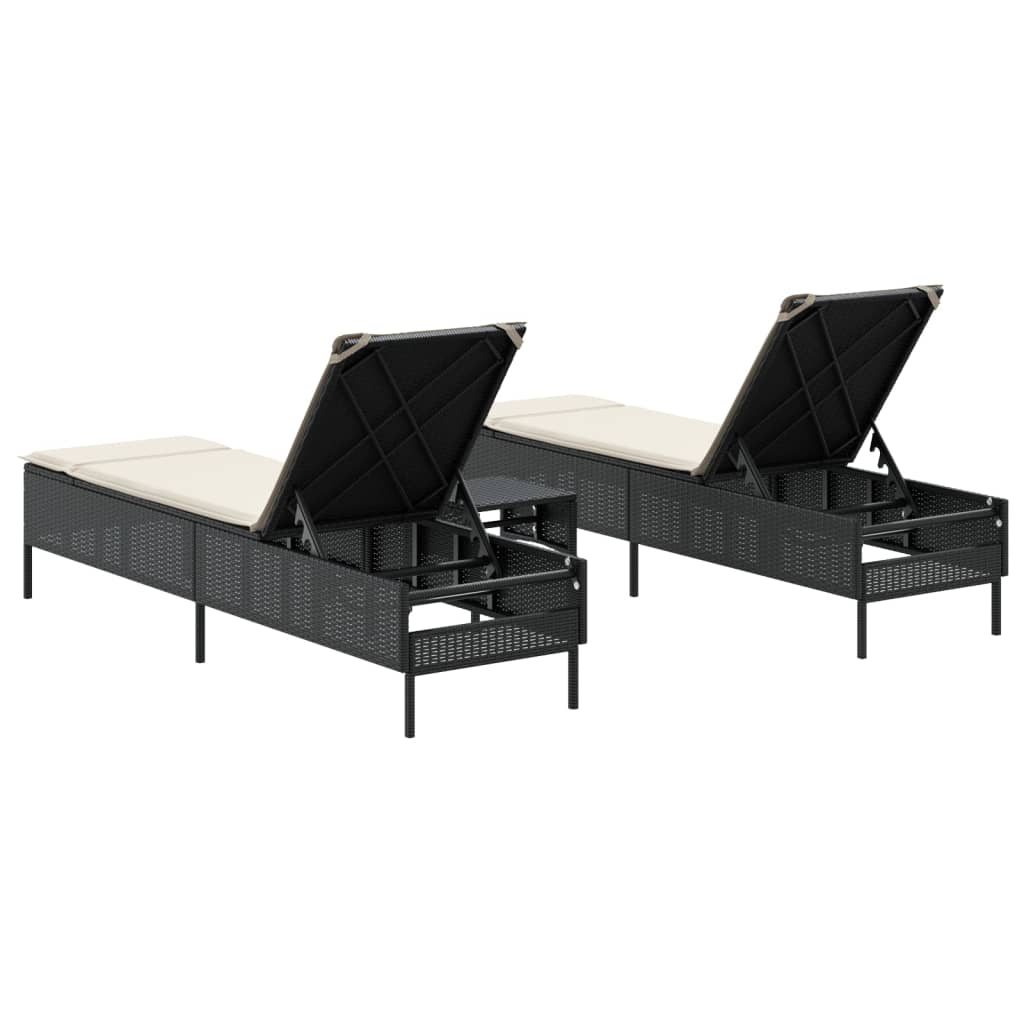 vidaXL Set de șezlonguri, 3 piese, cu pernă, poliratan negru vidaXL Set de șezlonguri, 3 piese, cu pernă, poliratan negru