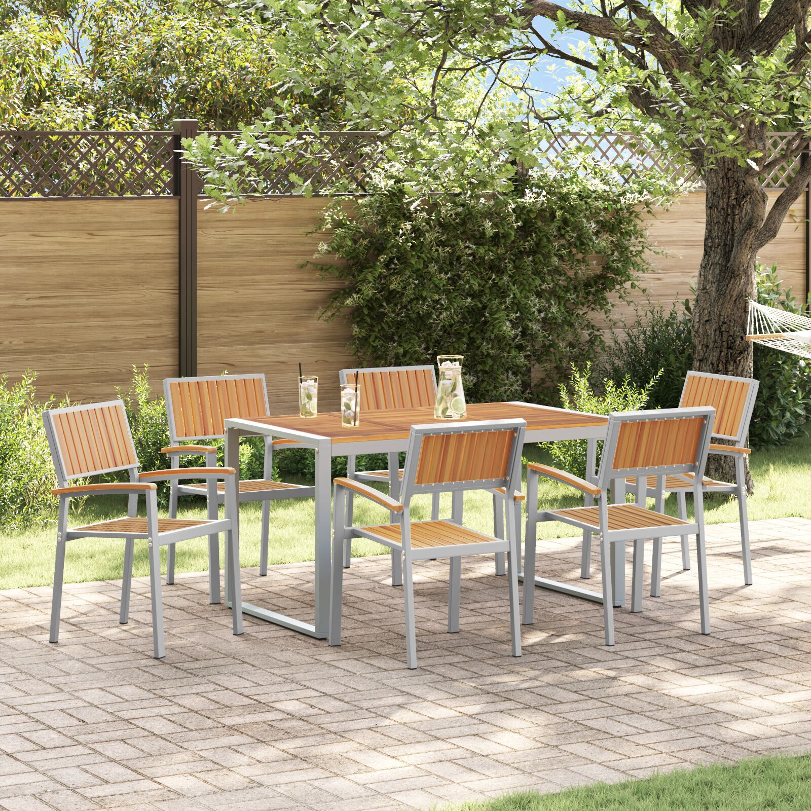 vidaXL Set de dining pentru grădină 7 piese din lemn masiv de acacia și metal vidaXL Set de dining pentru grădină 7 piese din lemn masiv de acacia și metal