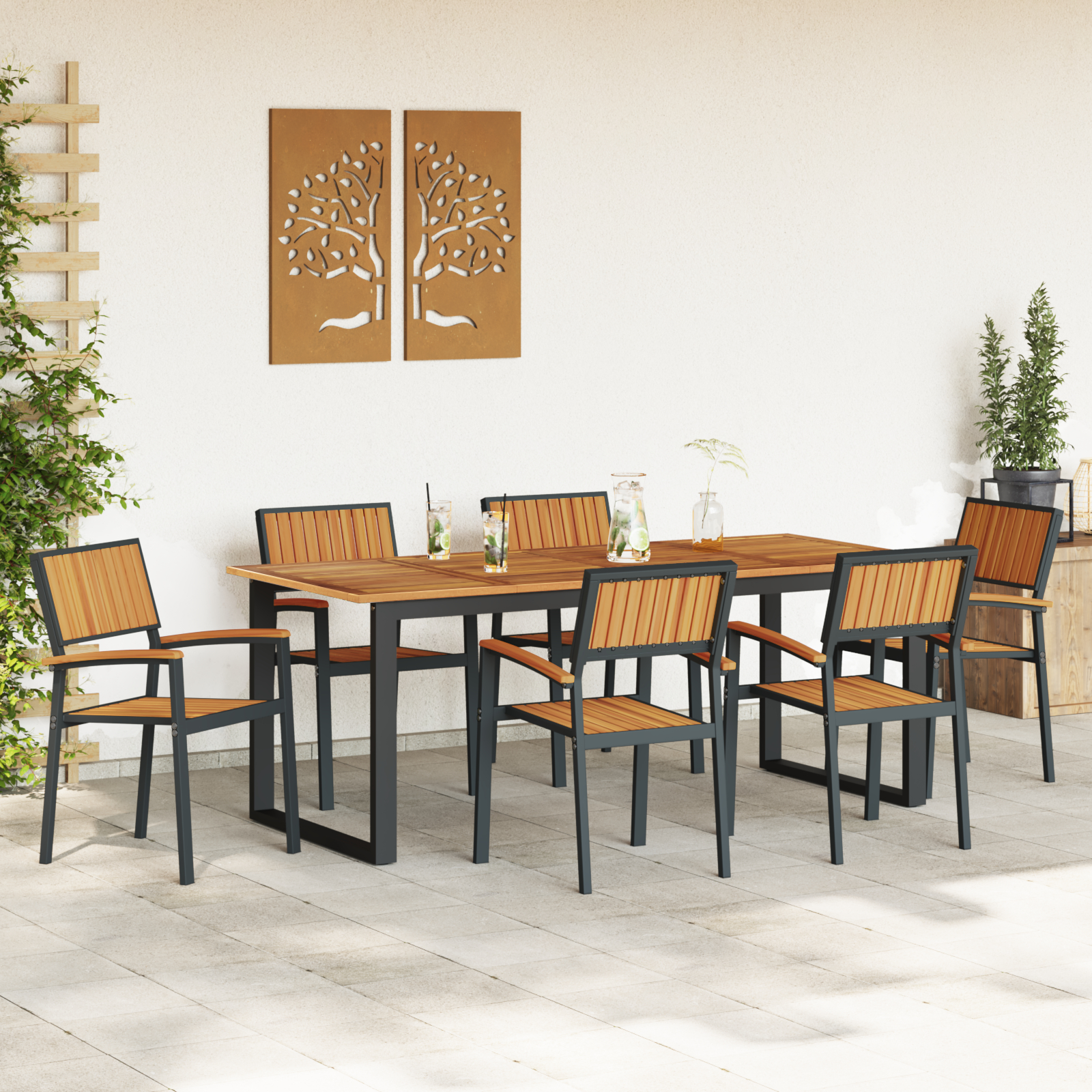 vidaXL Set de dining de 7 piese cu oțel negru și lemn solid de acacia