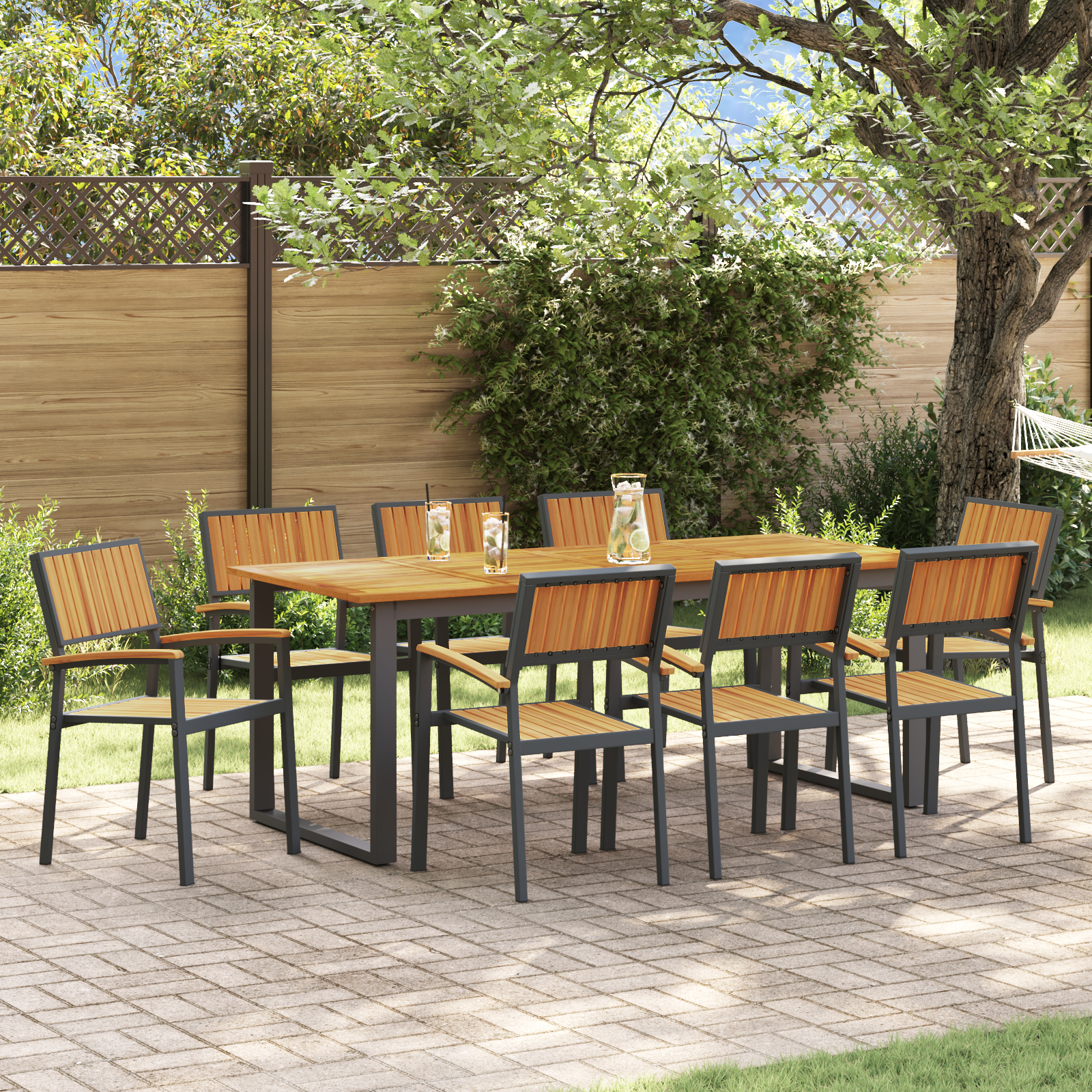 vidaXL Set de dining pentru grădină 9 piese Oțel negru și Lemn de acacia vidaXL Set de dining pentru grădină 9 piese Oțel negru și Lemn de acacia