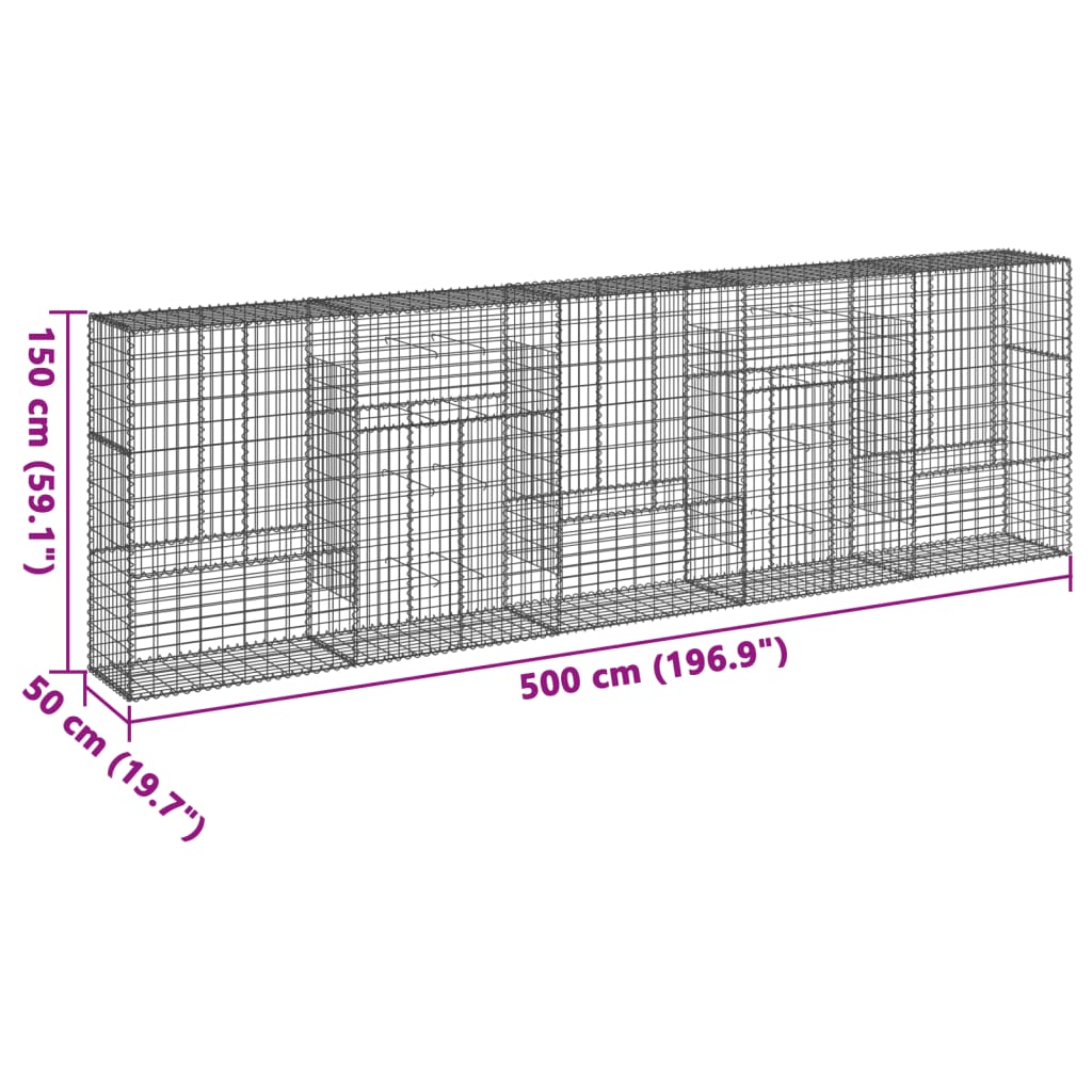 vidaXL Coș gabion cu capac, 500x50x150 cm, fier galvanizat