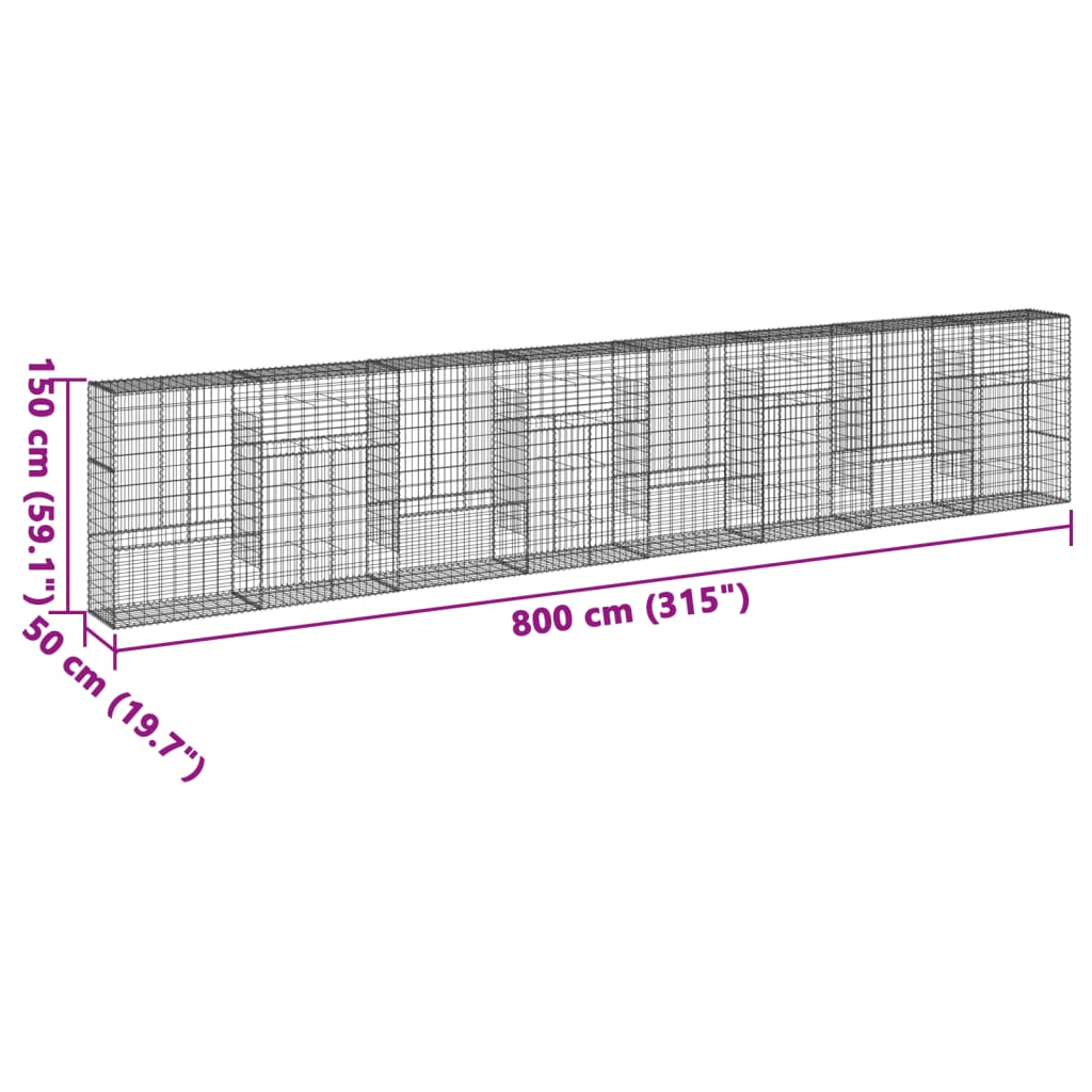 vidaXL Coș gabion cu capac, 800x50x150 cm, fier galvanizat