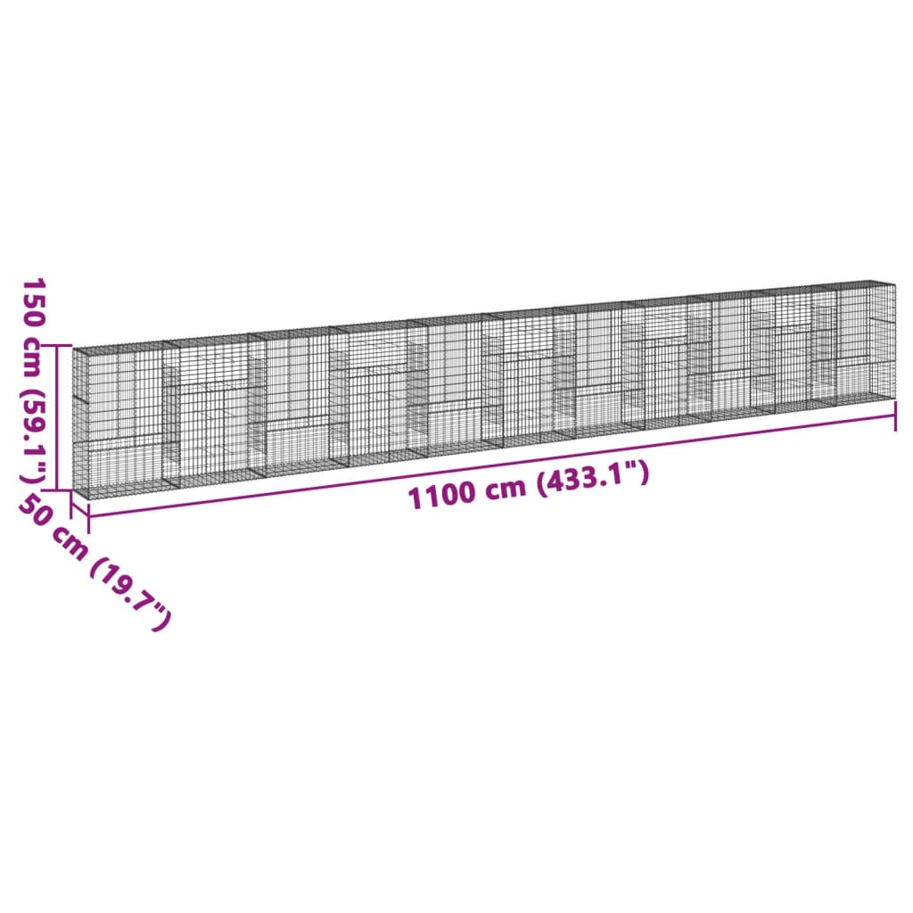 vidaXL Coș gabion cu capac, 1100x50x150 cm, fier galvanizat