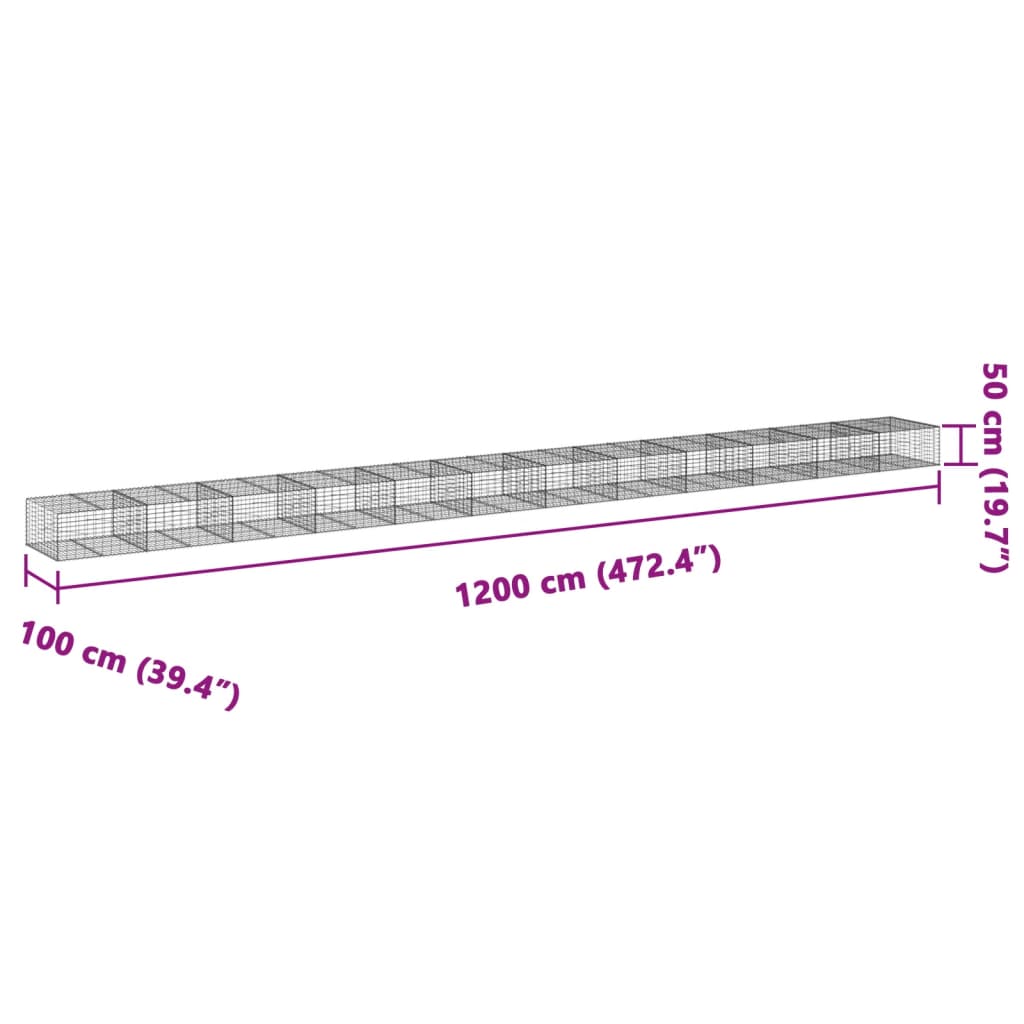 vidaXL Coș gabion cu capac, 1200x100x50 cm, fier galvanizat