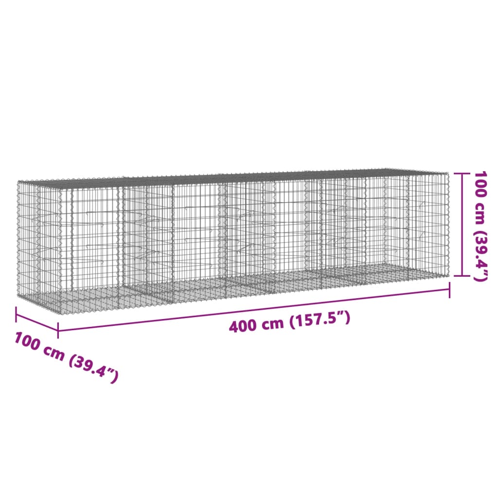 vidaXL Coș gabion cu capac, 400x100x100 cm, fier galvanizat