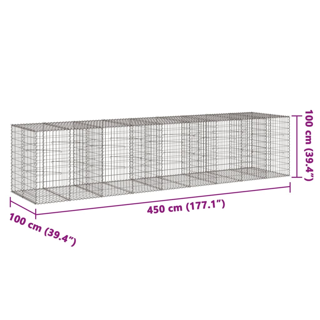 vidaXL Coș gabion cu capac, 450x100x100 cm, fier galvanizat