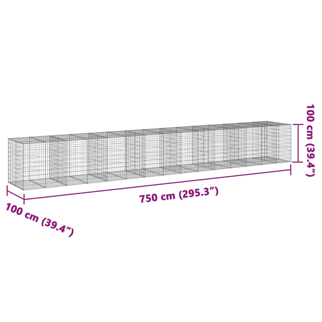 vidaXL Coș gabion cu capac, 750x100x100 cm, fier galvanizat