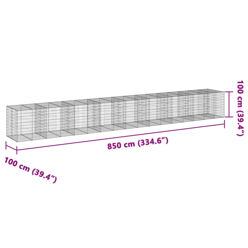 vidaXL Coș gabion cu capac, 850x100x100 cm, fier galvanizat