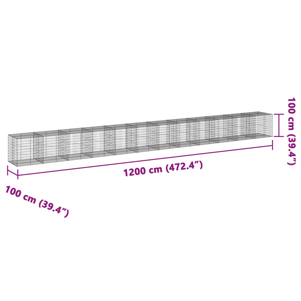 vidaXL Coș gabion cu capac, 1200x100x100 cm, fier galvanizat vidaXL Coș gabion cu capac, 1200x100x100 cm, fier galvanizat
