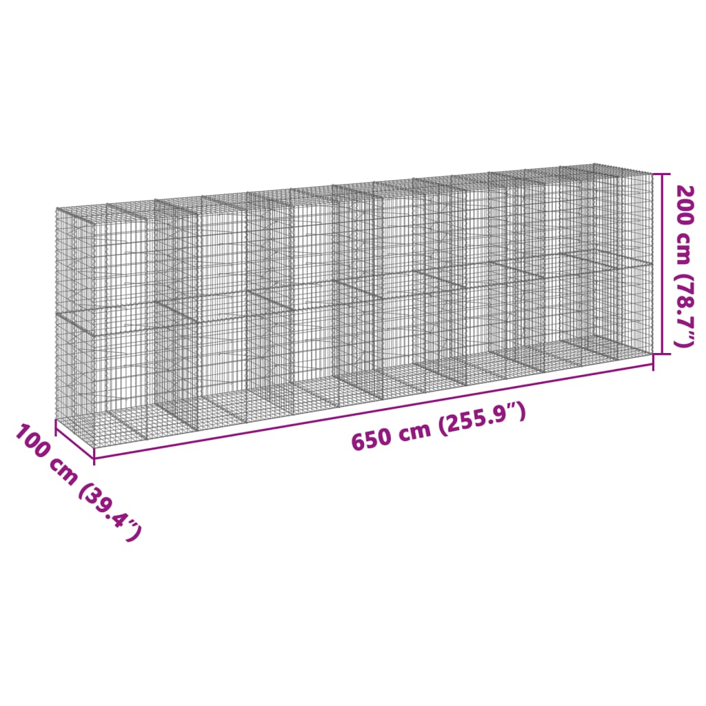 vidaXL Coș gabion cu capac, 650x100x200 cm, fier galvanizat vidaXL Coș gabion cu capac, 650x100x200 cm, fier galvanizat