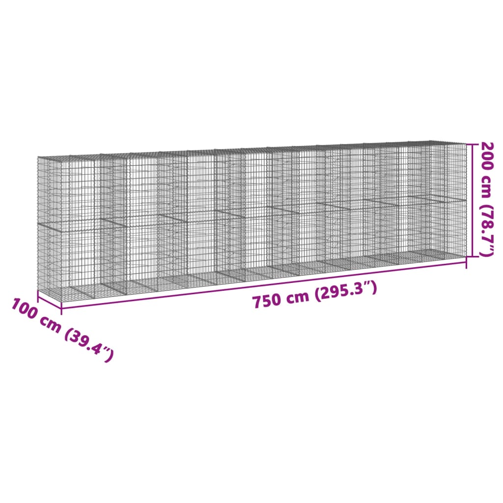 vidaXL Coș gabion cu capac, 750x100x200 cm, fier galvanizat