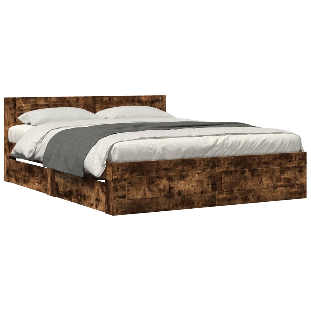 vidaXL Cadru de pat cu tăblie stejar fumuriu 160x200 cm lemn prelucrat vidaXL Cadru de pat cu tăblie stejar fumuriu 160x200 cm lemn prelucrat