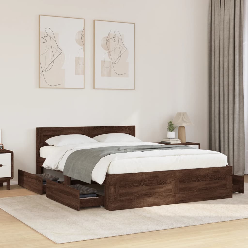 vidaXL Cadru de pat cu tăblie, stejar maro, 120x200 cm, lemn prelucrat vidaXL Cadru de pat cu tăblie, stejar maro, 120x200 cm, lemn prelucrat
