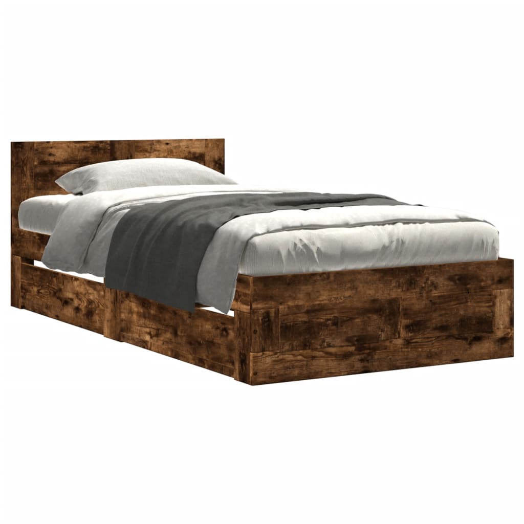 vidaXL Cadru de pat cu tăblie stejar fumuriu 100x200 cm lemn prelucrat vidaXL Cadru de pat cu tăblie stejar fumuriu 100x200 cm lemn prelucrat