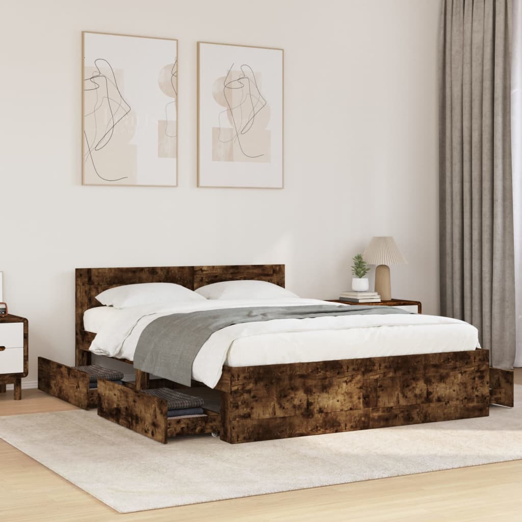 vidaXL Cadru de pat cu tăblie stejar fumuriu 140x190 cm lemn prelucrat vidaXL Cadru de pat cu tăblie stejar fumuriu 140x190 cm lemn prelucrat