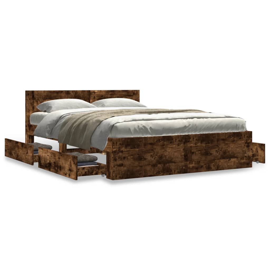 vidaXL Cadru de pat cu tăblie stejar fumuriu 135x190 cm lemn prelucrat vidaXL Cadru de pat cu tăblie stejar fumuriu 135x190 cm lemn prelucrat