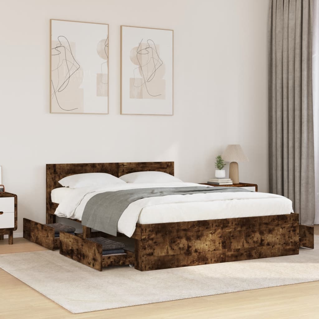 vidaXL Cadru de pat cu tăblie stejar fumuriu 120x190 cm lemn prelucrat vidaXL Cadru de pat cu tăblie stejar fumuriu 120x190 cm lemn prelucrat
