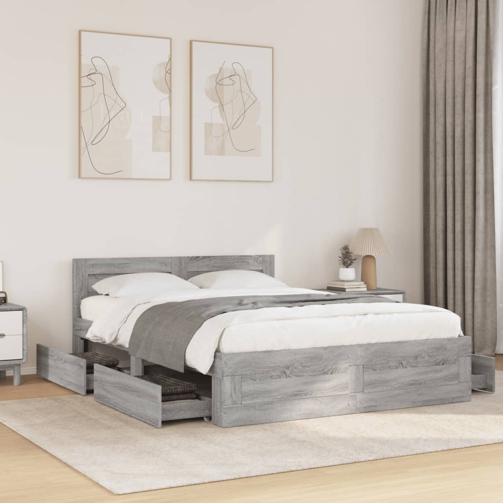 vidaXL Cadru de pat cu tăblie gri sonoma 120x190 cm lemn prelucrat vidaXL Cadru de pat cu tăblie gri sonoma 120x190 cm lemn prelucrat