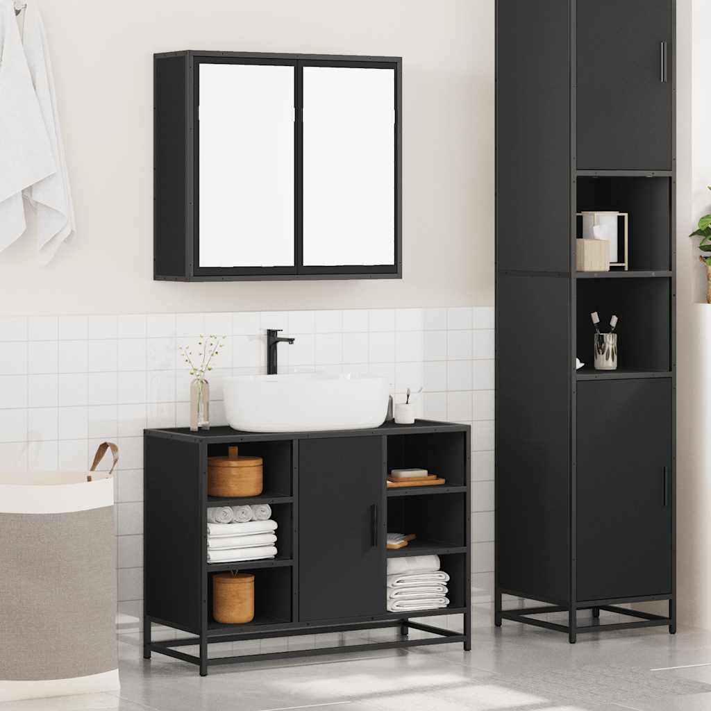 vidaXL Set mobilier de baie, 2 piese, negru, lemn compozit vidaXL Set mobilier de baie, 2 piese, negru, lemn compozit