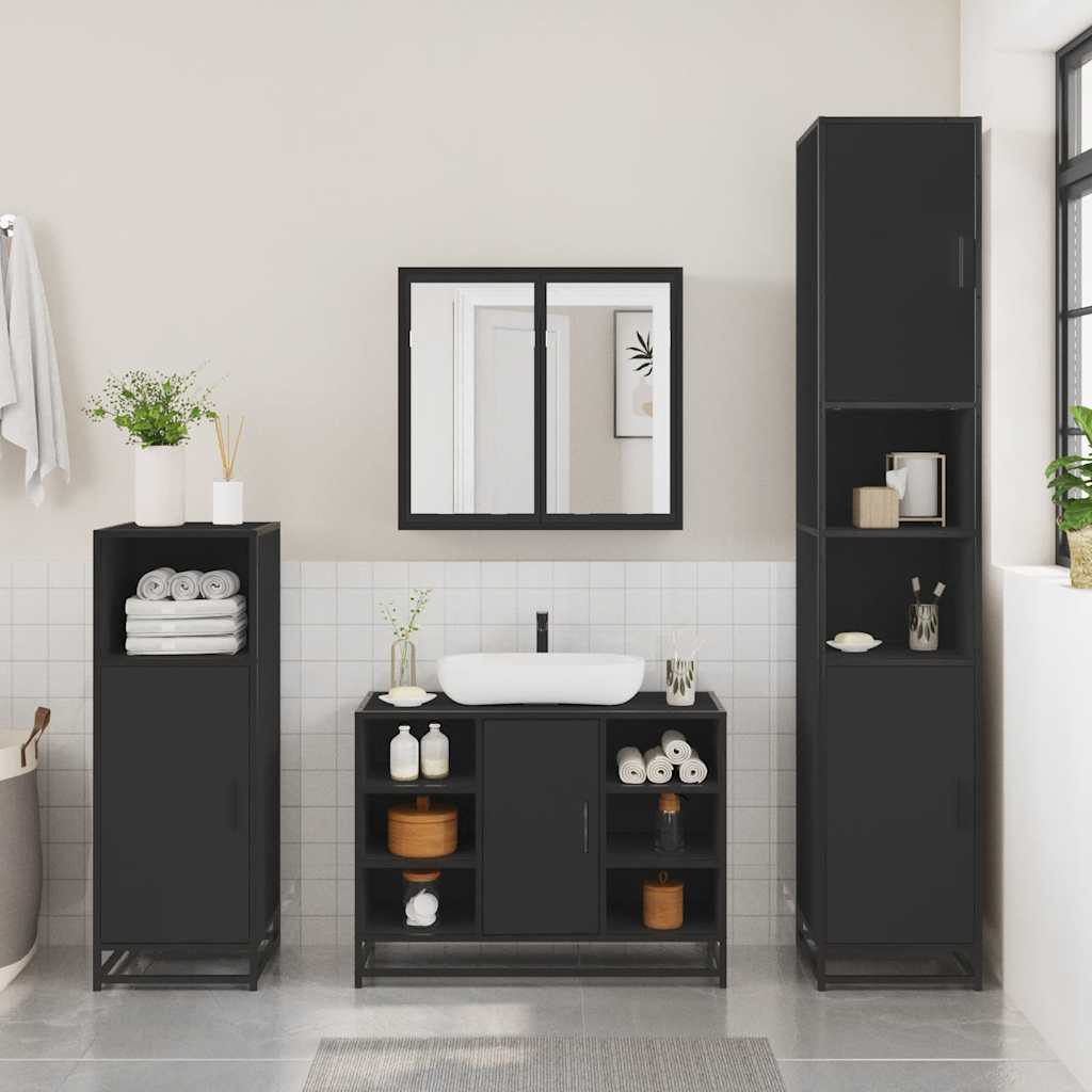vidaXL Set mobilier de baie, 2 piese, negru, lemn compozit vidaXL Set mobilier de baie, 2 piese, negru, lemn compozit