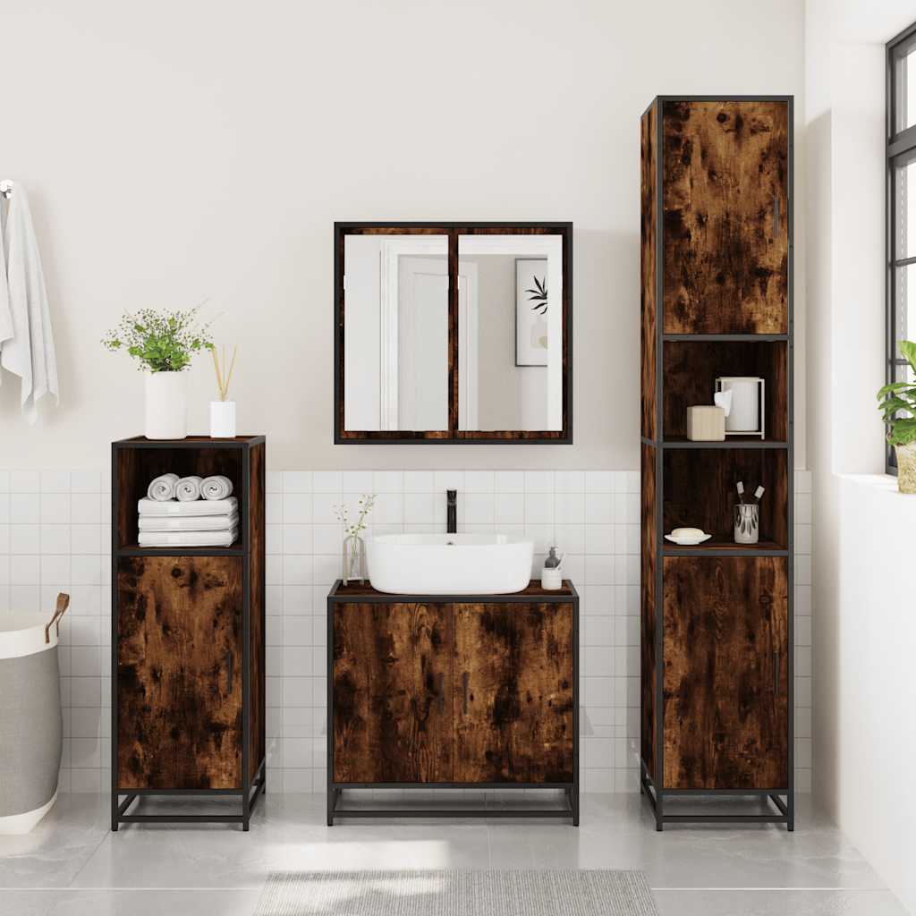 vidaXL Set mobilier de baie, 3 piese, stejar fumuriu, lemn prelucrat vidaXL Set mobilier de baie, 3 piese, stejar fumuriu, lemn prelucrat