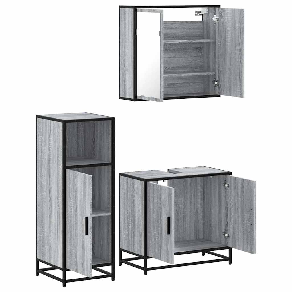 vidaXL Set mobilier de baie, 3 piese, gri sonoma, lemn prelucrat