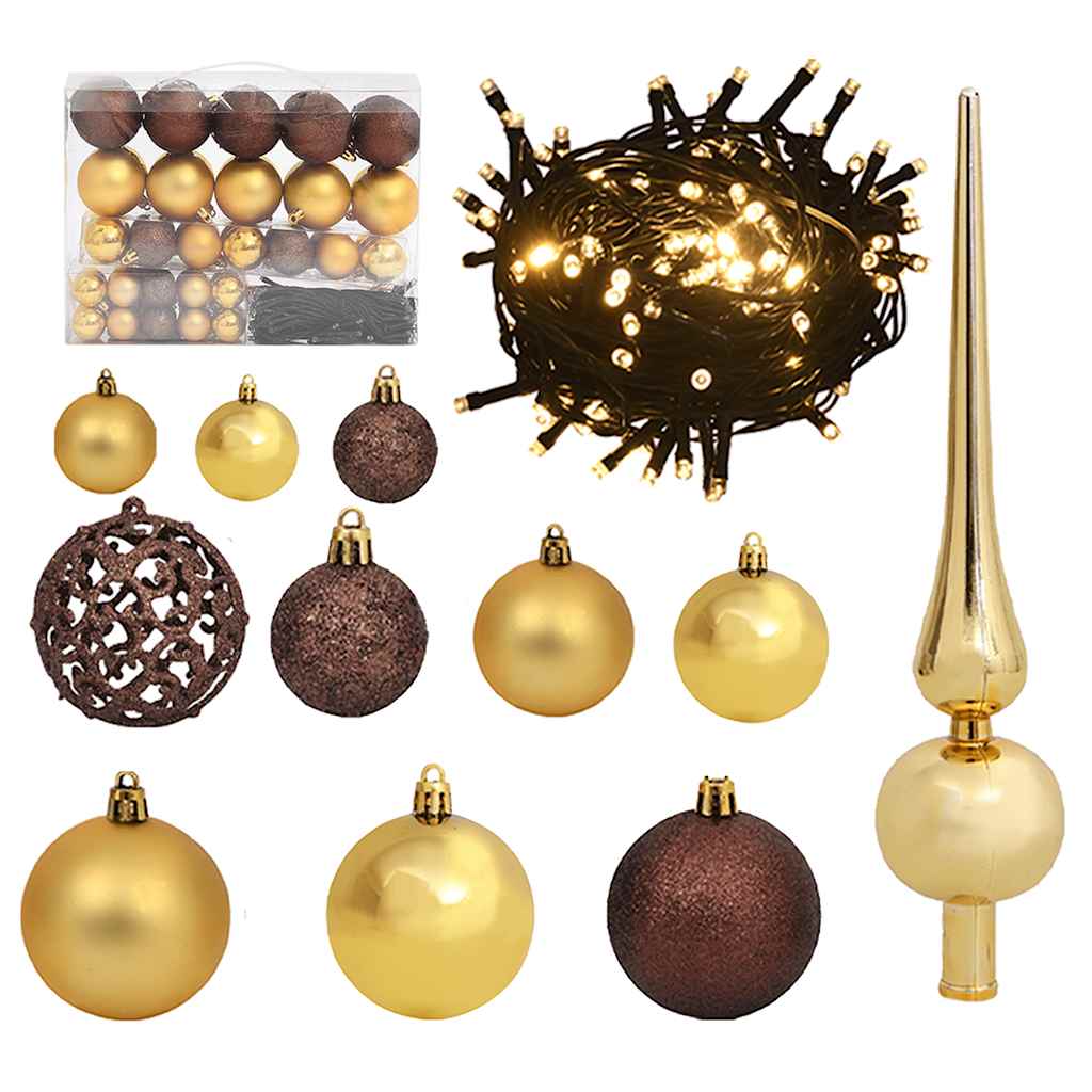 vidaXL Set globuri Crăciun cu vârf & 150 LED-uri 61 piese auriu&bronz vidaXL Set globuri Crăciun cu vârf & 150 LED-uri 61 piese auriu&bronz