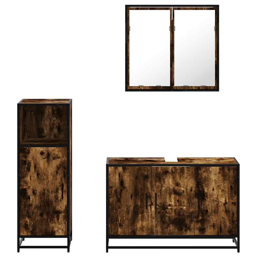 vidaXL Set mobilier de baie, 3 piese, stejar fumuriu, lemn prelucrat