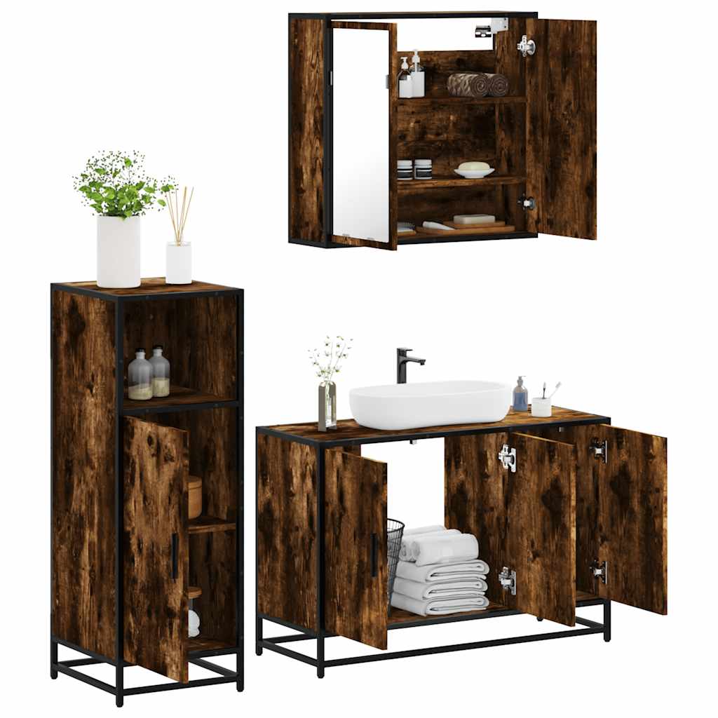 vidaXL Set mobilier de baie, 3 piese, stejar fumuriu, lemn prelucrat