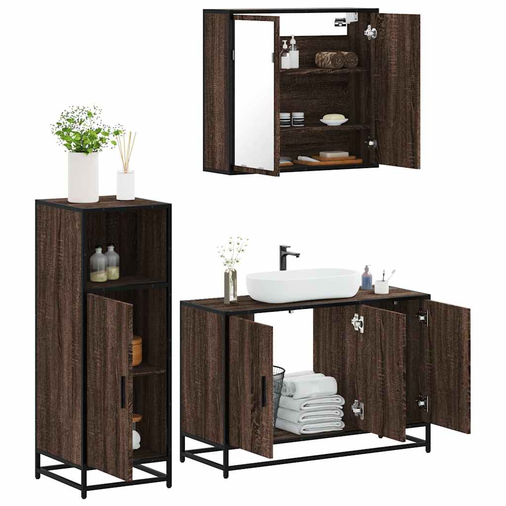 vidaXL Set mobilier de baie, 3 piese, stejar maro, lemn prelucrat