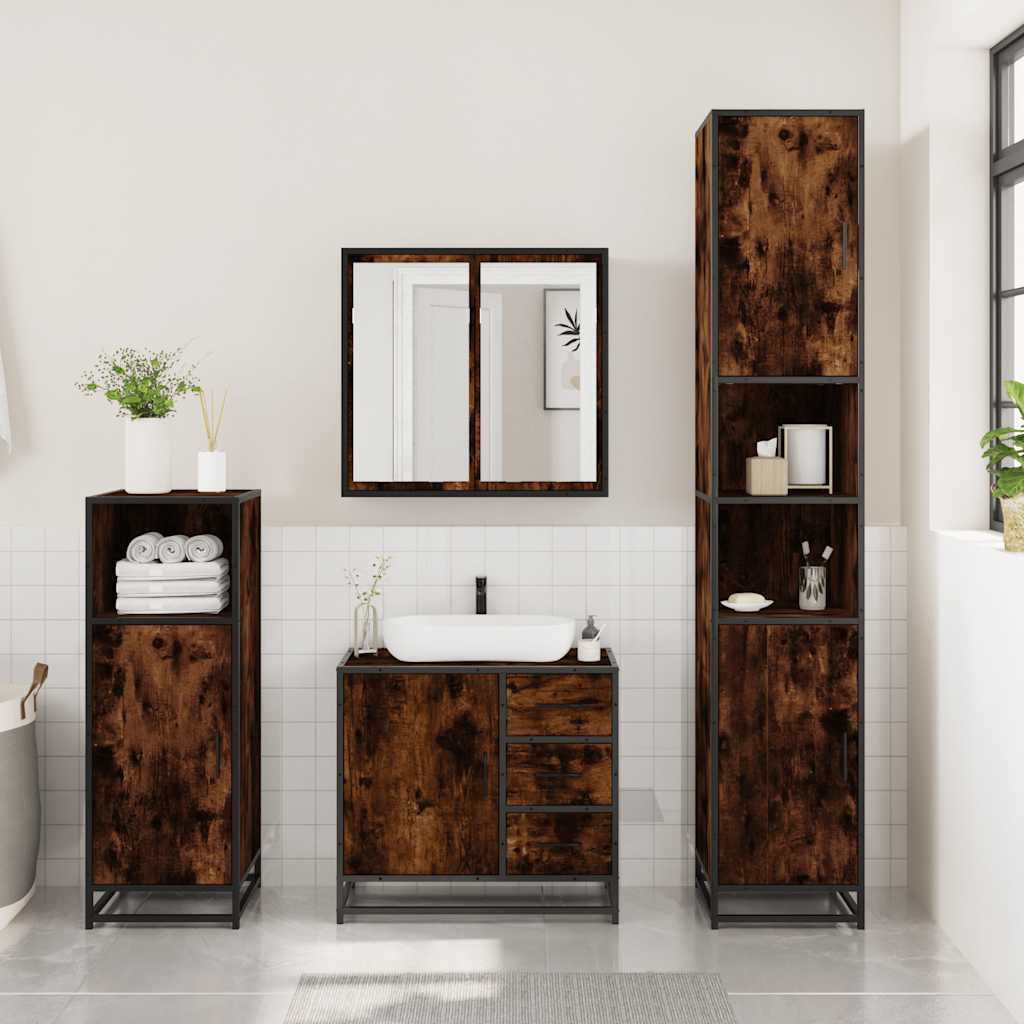 vidaXL Set mobilier de baie, 3 piese, stejar fumuriu, lemn prelucrat vidaXL Set mobilier de baie, 3 piese, stejar fumuriu, lemn prelucrat