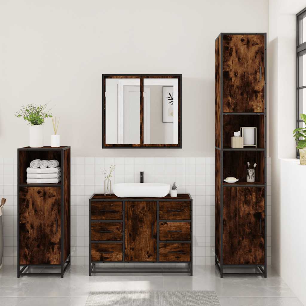 vidaXL Set mobilier de baie, 3 piese, stejar fumuriu, lemn prelucrat vidaXL Set mobilier de baie, 3 piese, stejar fumuriu, lemn prelucrat