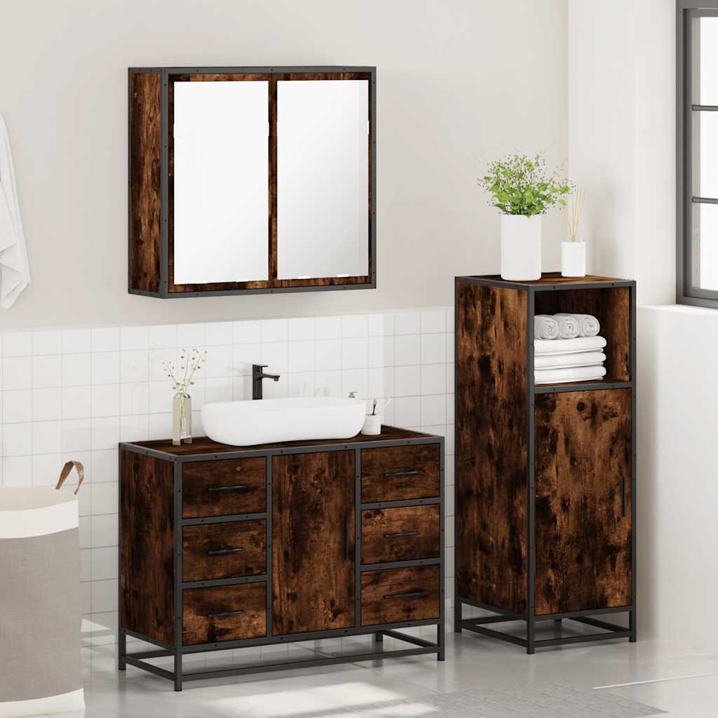 vidaXL Set mobilier de baie, 3 piese, stejar fumuriu, lemn prelucrat vidaXL Set mobilier de baie, 3 piese, stejar fumuriu, lemn prelucrat