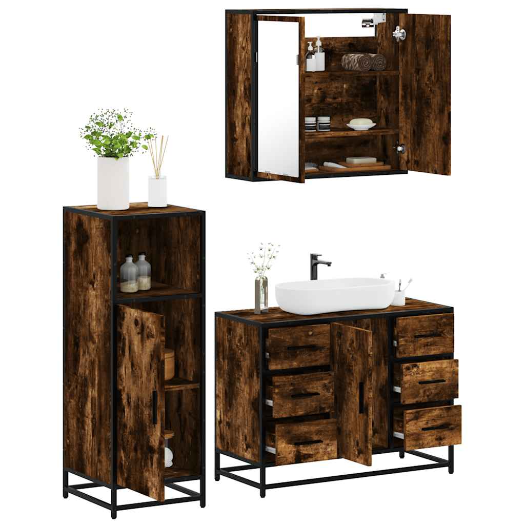 vidaXL Set mobilier de baie, 3 piese, stejar fumuriu, lemn prelucrat vidaXL Set mobilier de baie, 3 piese, stejar fumuriu, lemn prelucrat