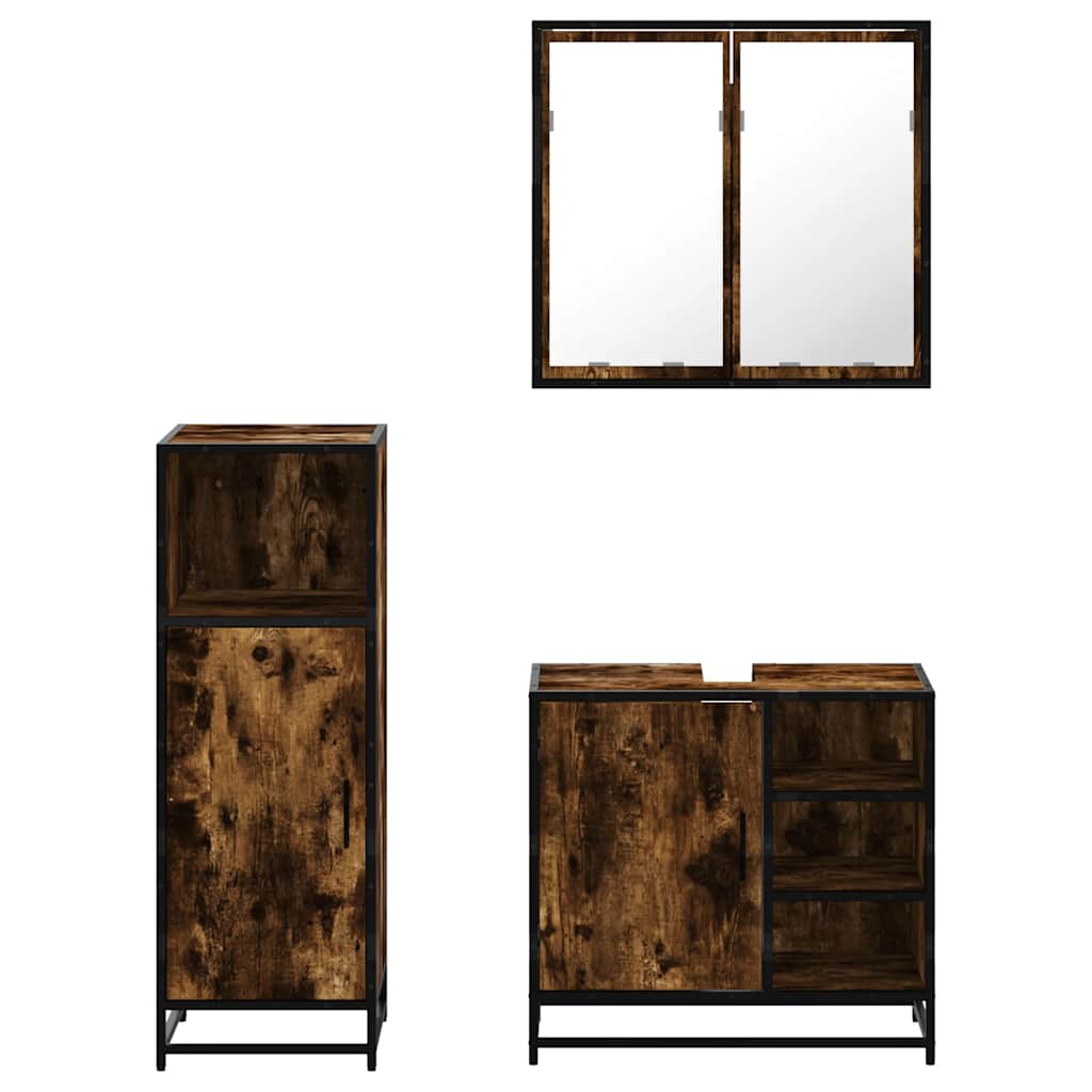 vidaXL Set mobilier de baie, 3 piese, stejar fumuriu, lemn prelucrat