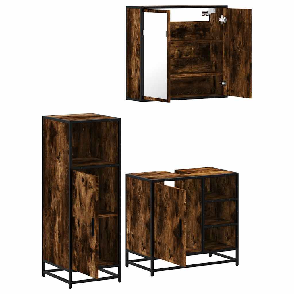 vidaXL Set mobilier de baie, 3 piese, stejar fumuriu, lemn prelucrat