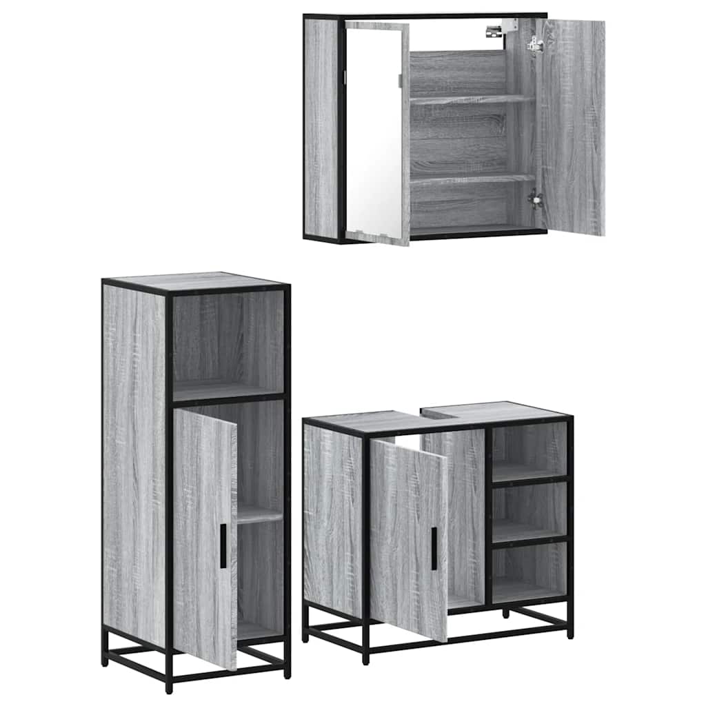vidaXL Set mobilier de baie, 3 piese, gri sonoma, lemn prelucrat