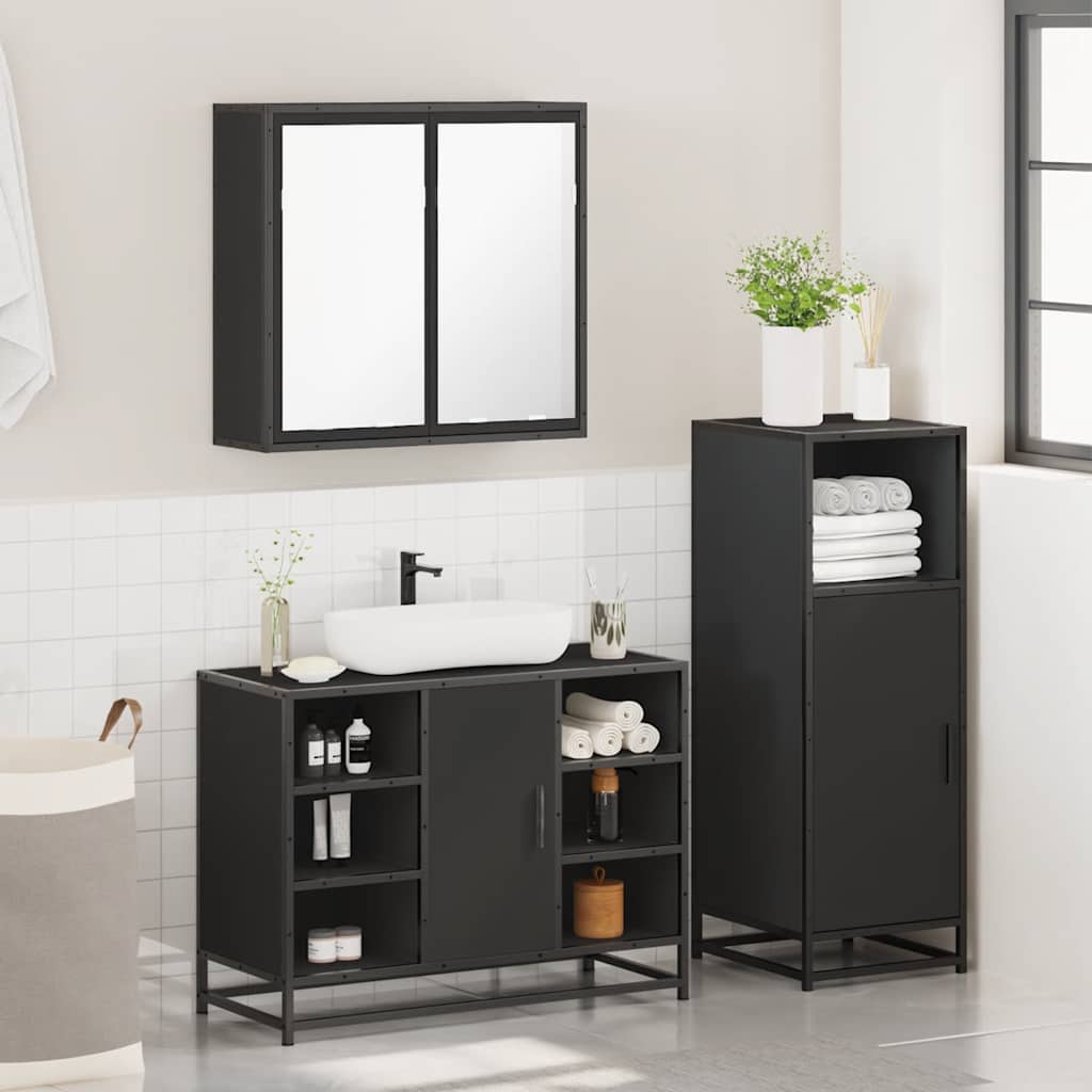 vidaXL Set mobilier de baie, 3 piese, negru, lemn compozit vidaXL Set mobilier de baie, 3 piese, negru, lemn compozit