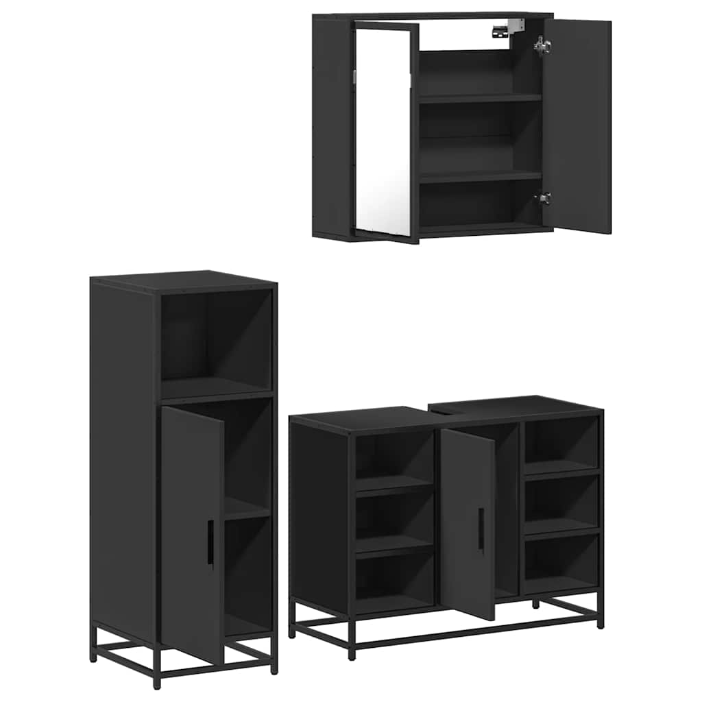 vidaXL Set mobilier de baie, 3 piese, negru, lemn compozit vidaXL Set mobilier de baie, 3 piese, negru, lemn compozit