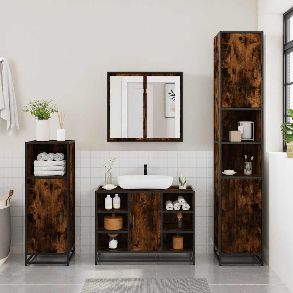 vidaXL Set mobilier de baie, 3 piese, stejar fumuriu, lemn prelucrat