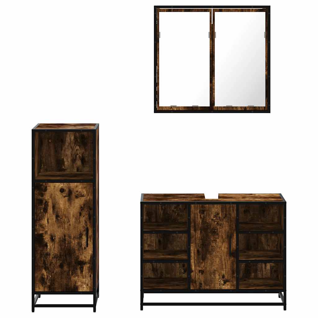vidaXL Set mobilier de baie, 3 piese, stejar fumuriu, lemn prelucrat
