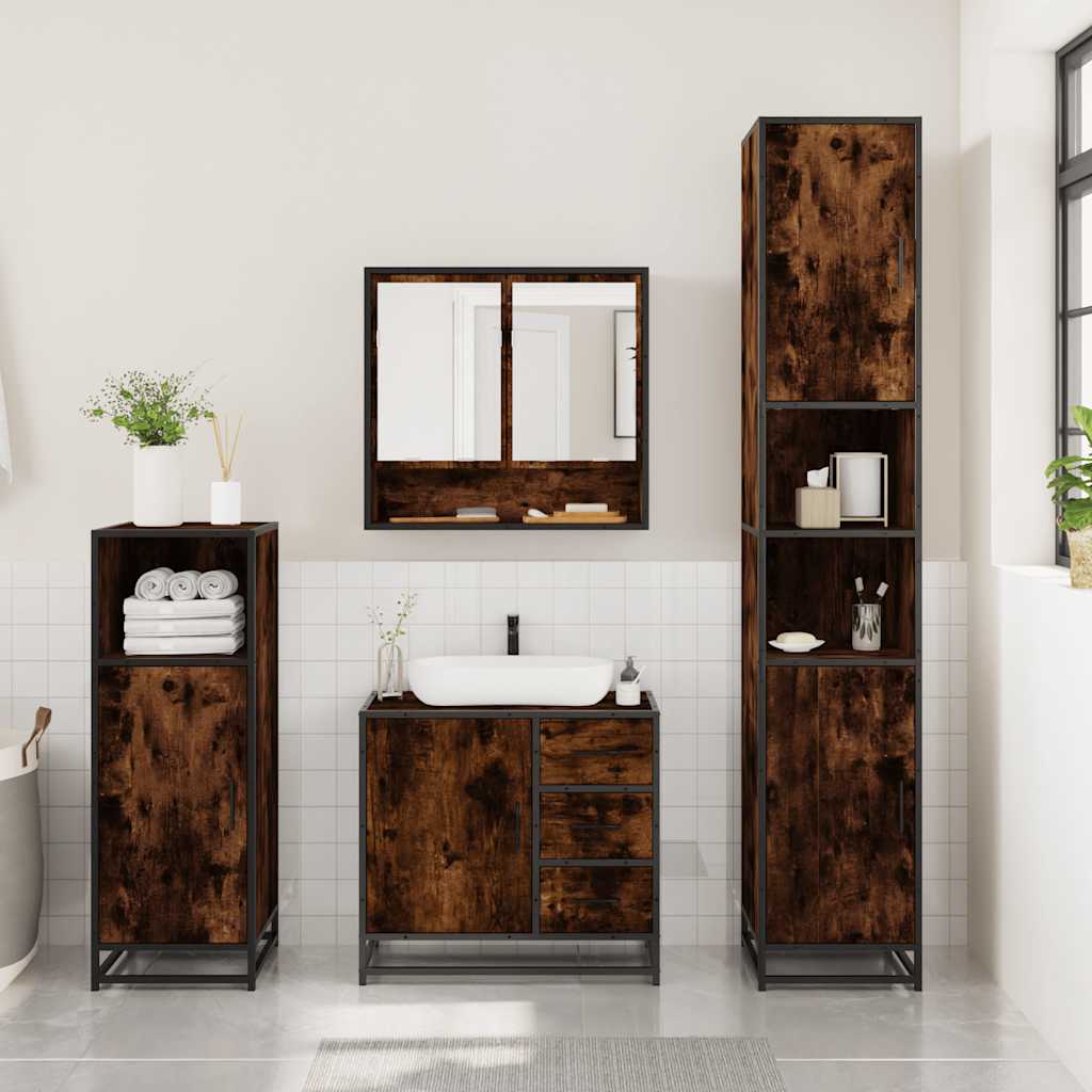 vidaXL Set mobilier de baie, 3 piese, stejar fumuriu, lemn prelucrat