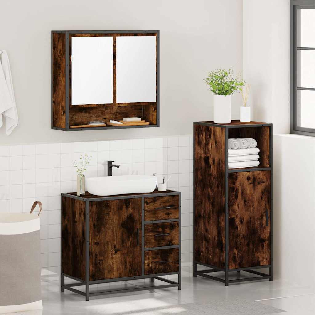 vidaXL Set mobilier de baie, 3 piese, stejar fumuriu, lemn prelucrat